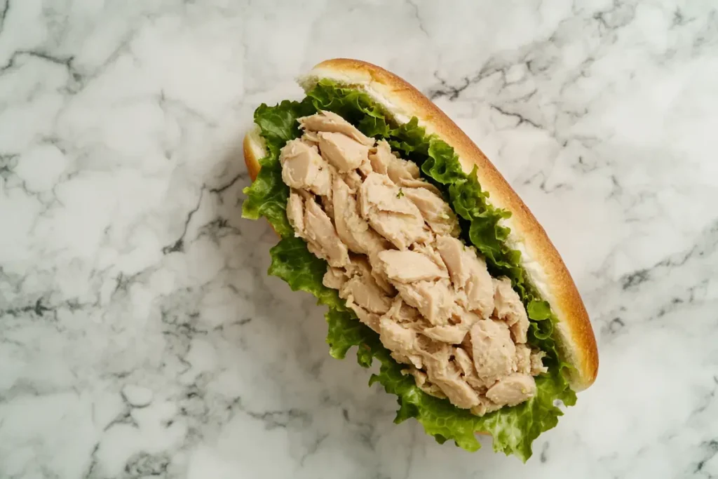 A tuna and lettuce sandwich, beautifully displayed on a marble surface.