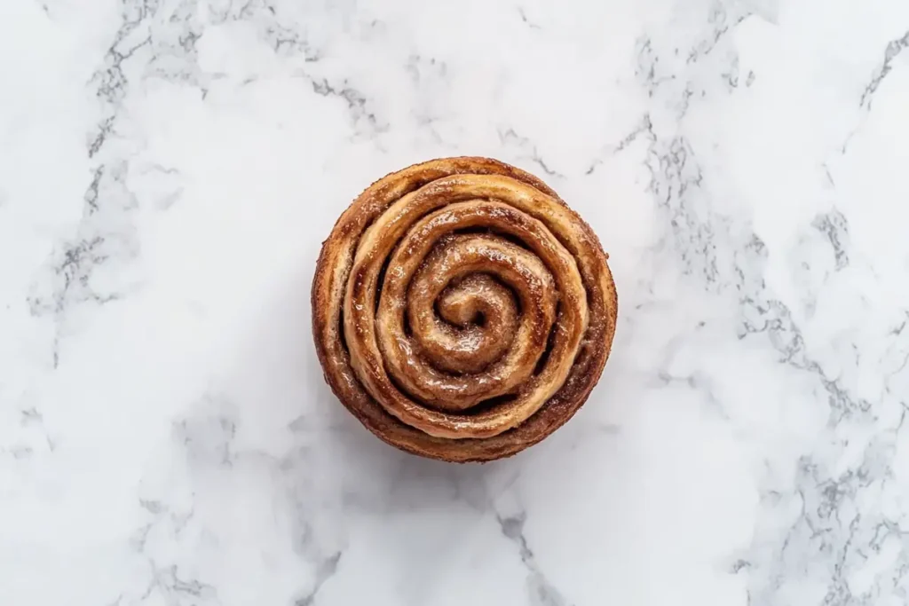 A close-up of a cinnamon roll, showing its swirl and texture.