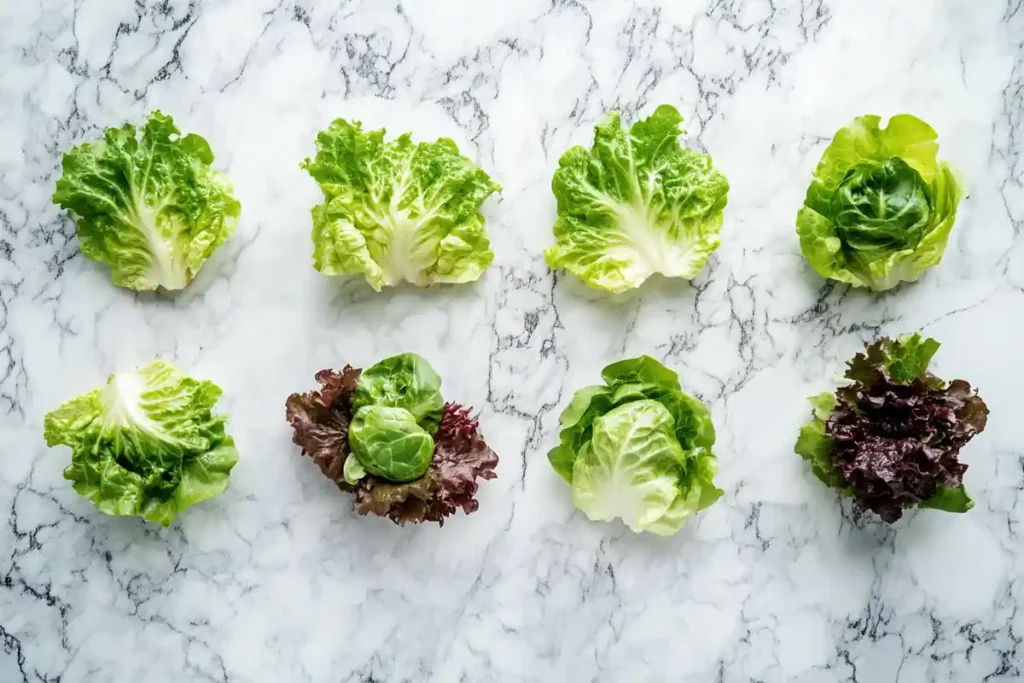 A colorful and delicious selection of lettuce wraps on a marble surface.