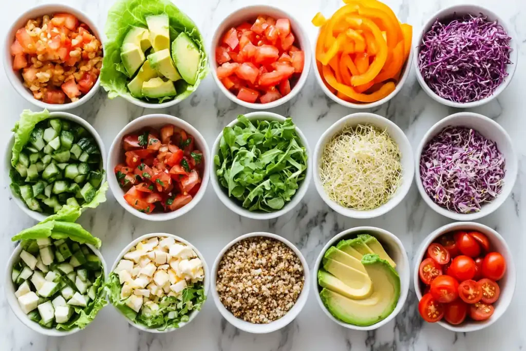 A range of vibrant ingredients for tuna lettuce wraps arranged on a white marble table.