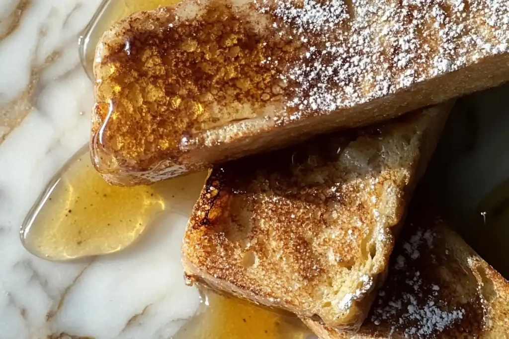 Cooked sourdough french toast with a drizzle of syrup on a marble surface.