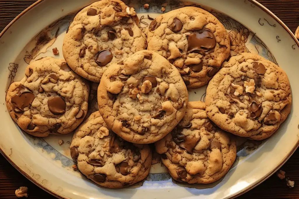 A plate of homemade Snoop Dogg Cookies with chocolate and walnuts.