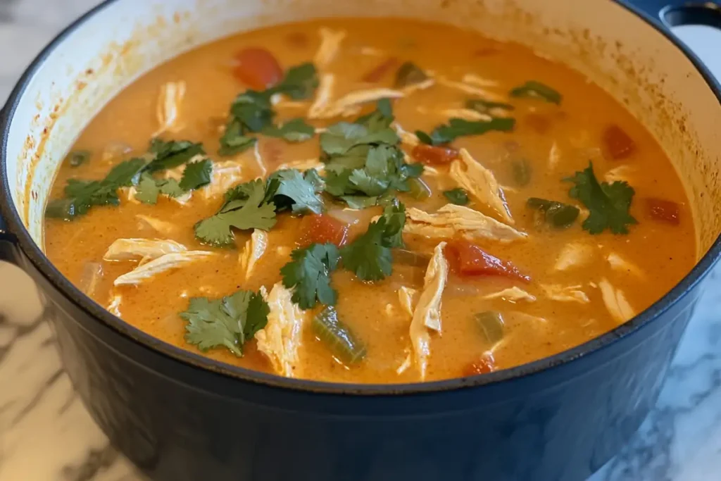 A close-up view of various creamy elements being added to chicken tortilla soup, all placed on a marble surface.