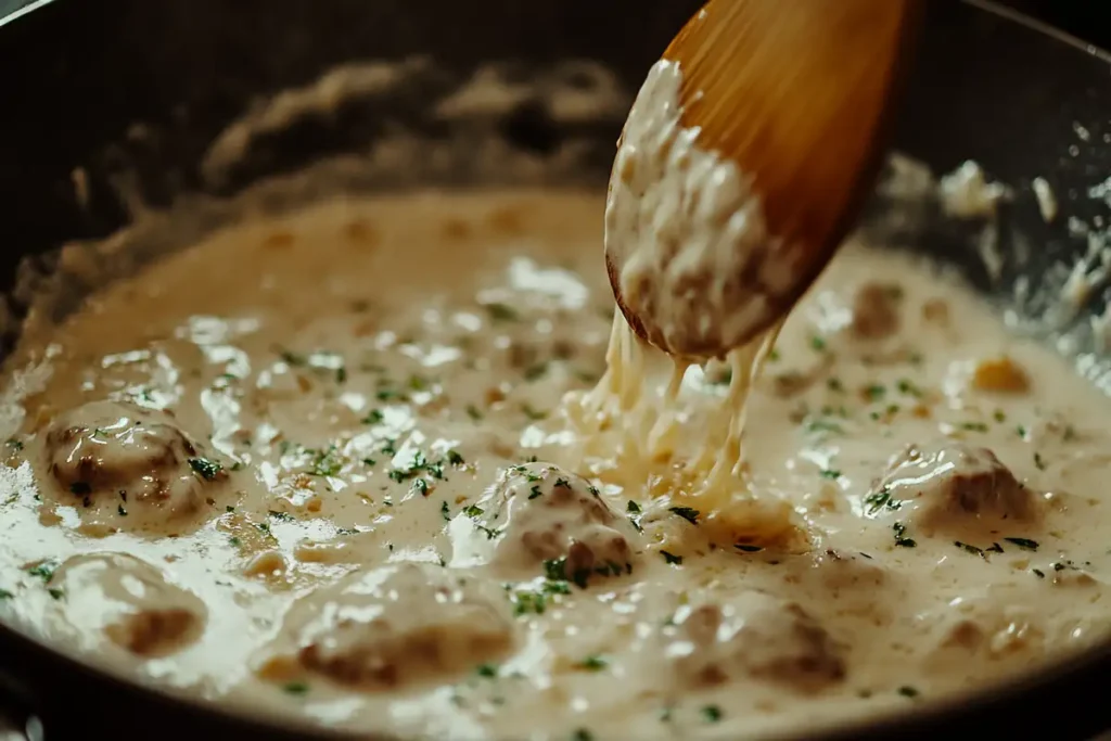 An up-close shot of savory Swedish meatballs being added to the creamy sauce in a skillet.