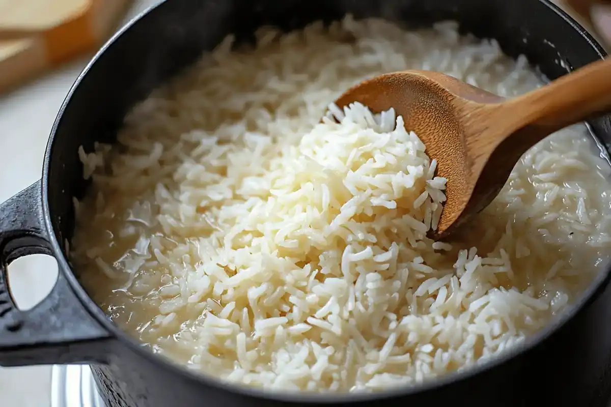 Close-up of rice being added to a bowl of soup, focus on cooked rice.