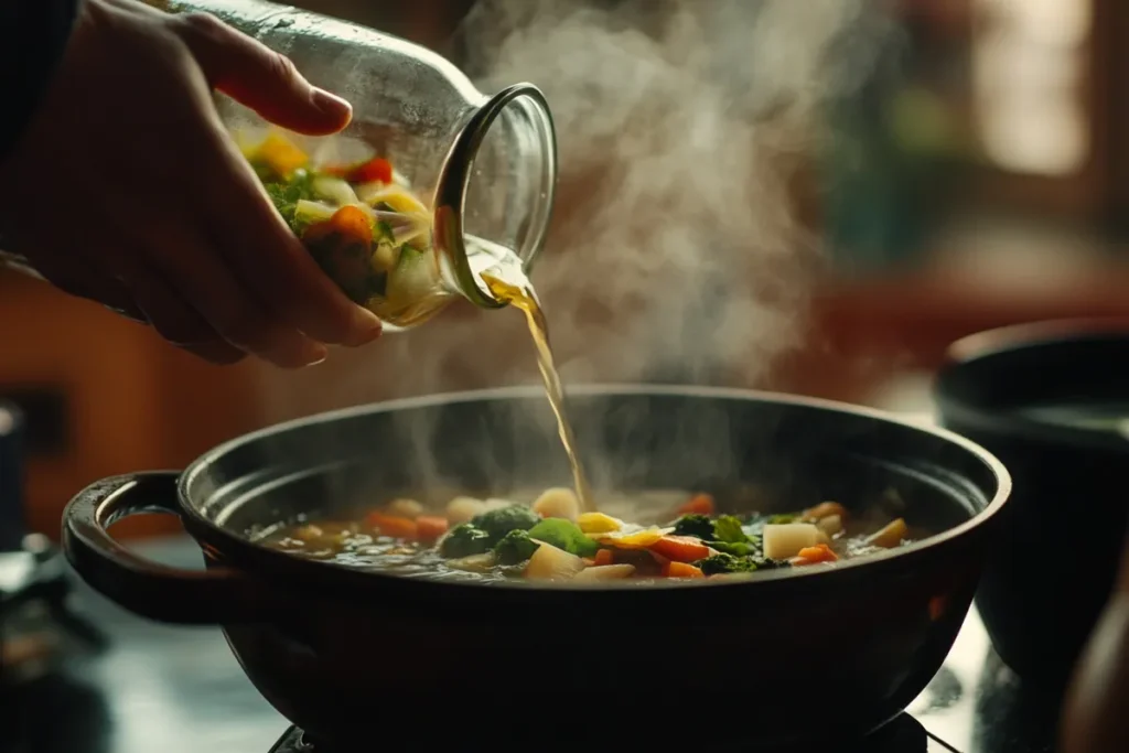 Hand adding pre-cut vegetables from a soup pack to broth.