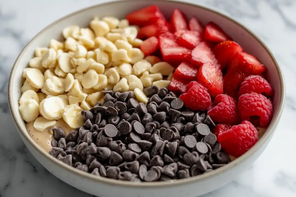 Close-up of different mix-ins added to a bowl of instant pudding.