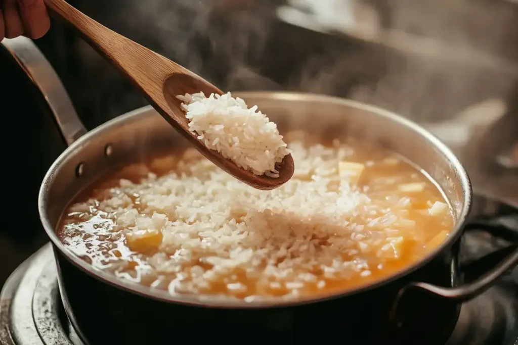 Uncooked rice being added to a pot of soup, showing direct addition.