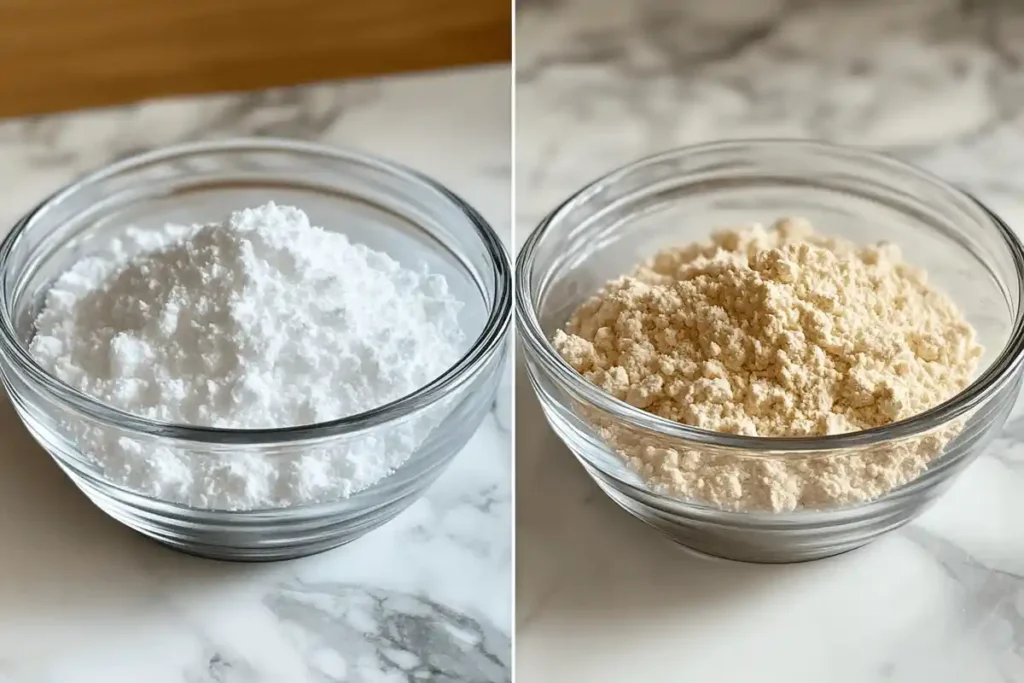 Side by side comparison of baking soda and baking powder.