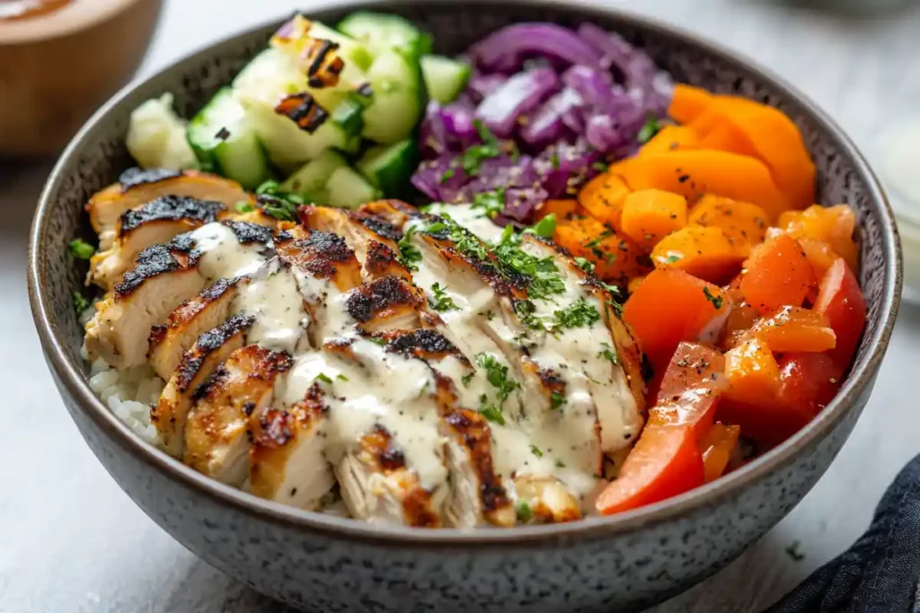 Close up of a keto meal with cooked chicken, vegetables and a creamy sauce.