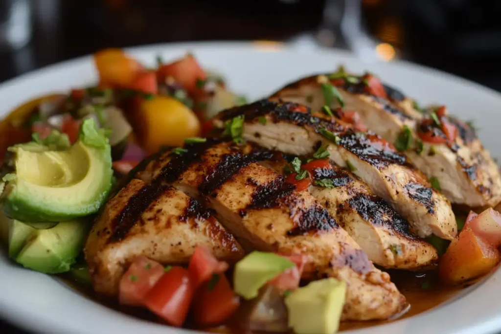 A colourful shot of a balanced keto meal, showcasing grilled chicken, vegetables, and avocado. This highlights the importance of balance on keto.