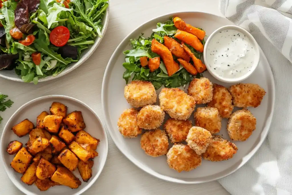  Complete keto meal with chicken nuggets, roasted vegetables, and a salad.