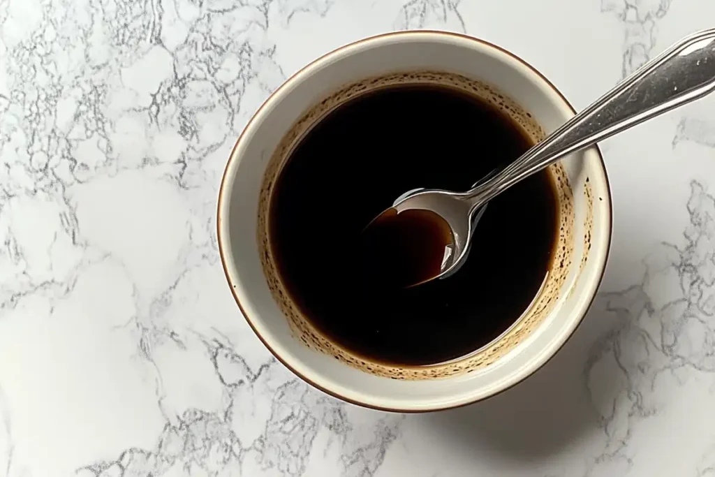 A bowl of homemade balsamic dressing with a spoon on a marble surface.