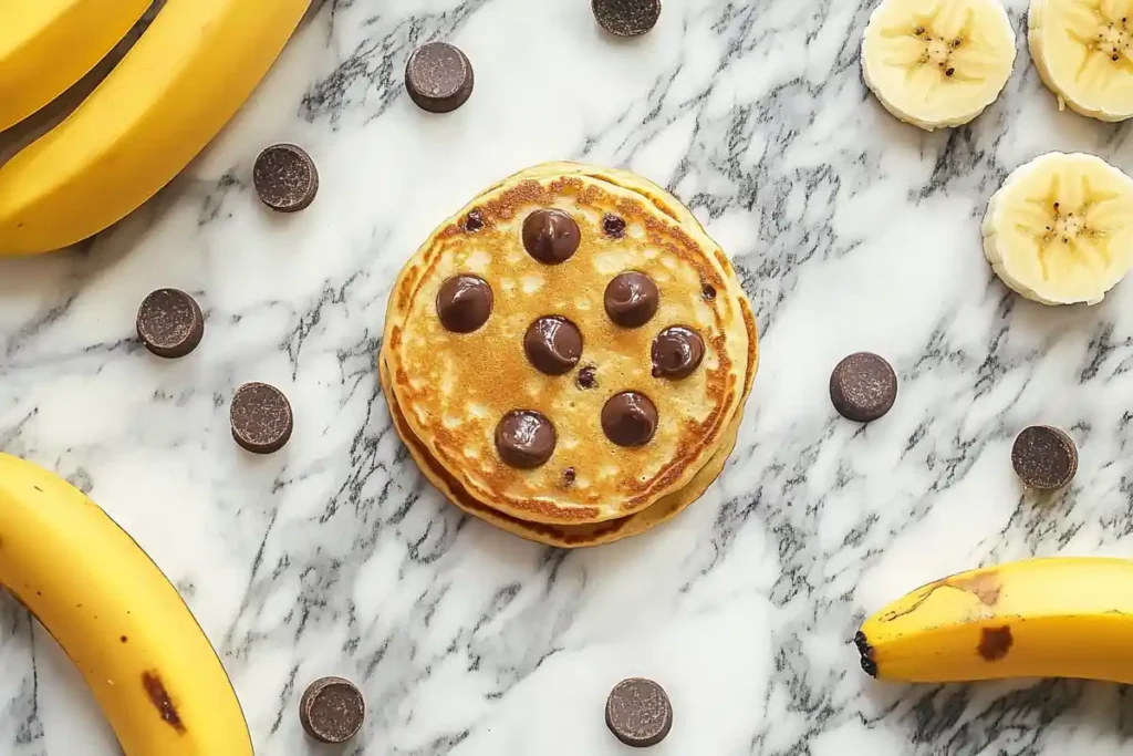 Top-down view of delicious banana chocolate chip pancakes on a marble surface