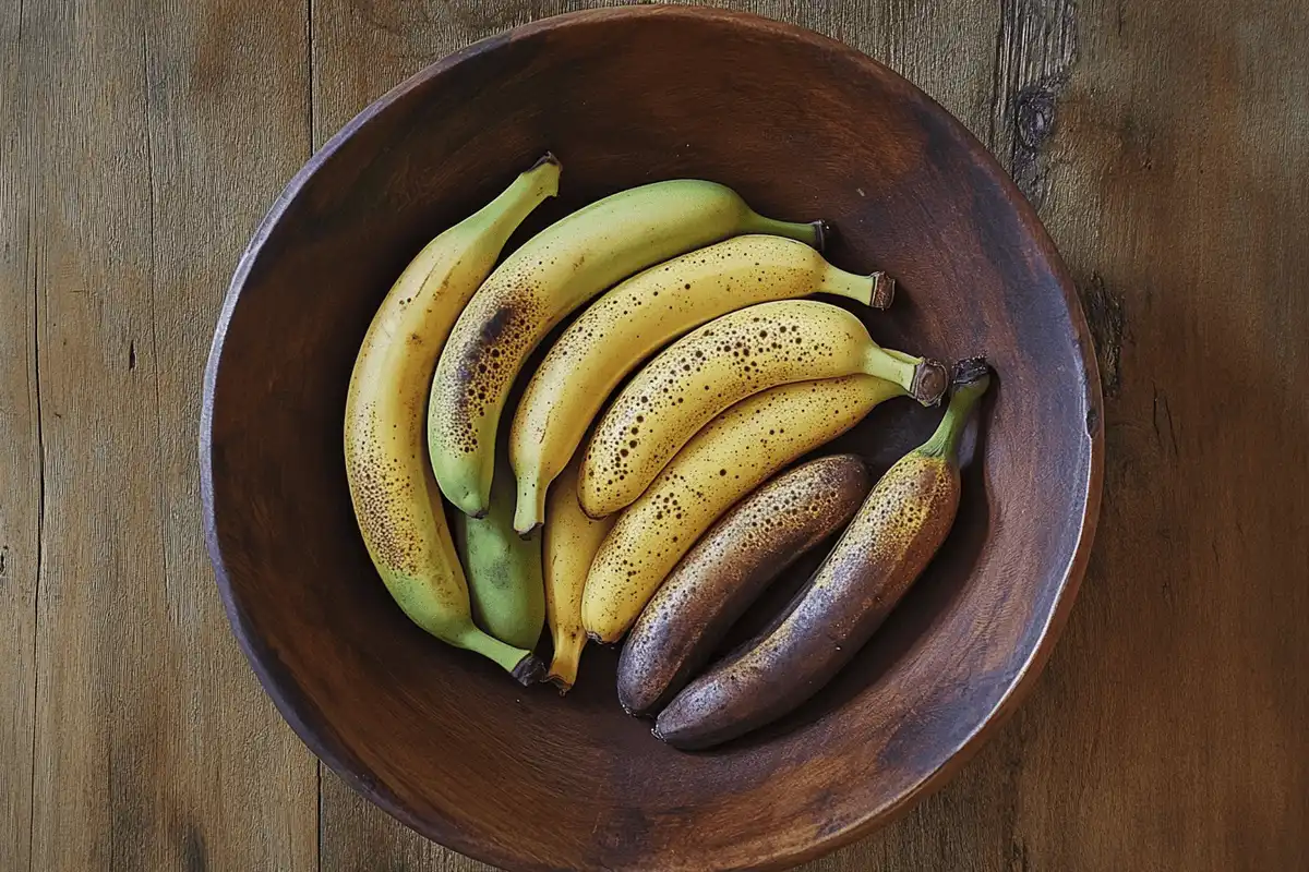 Various banana ripeness stages: green, spotty, and overly ripe.