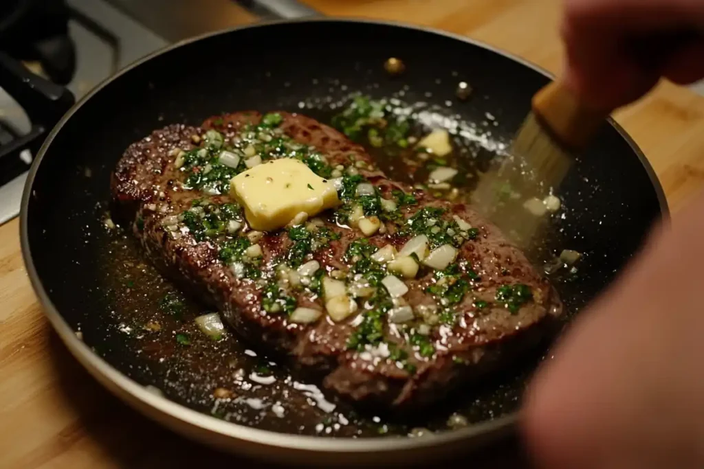 Hand basting a steak with butter, garlic, and herbs, showing an alternative to sauce.