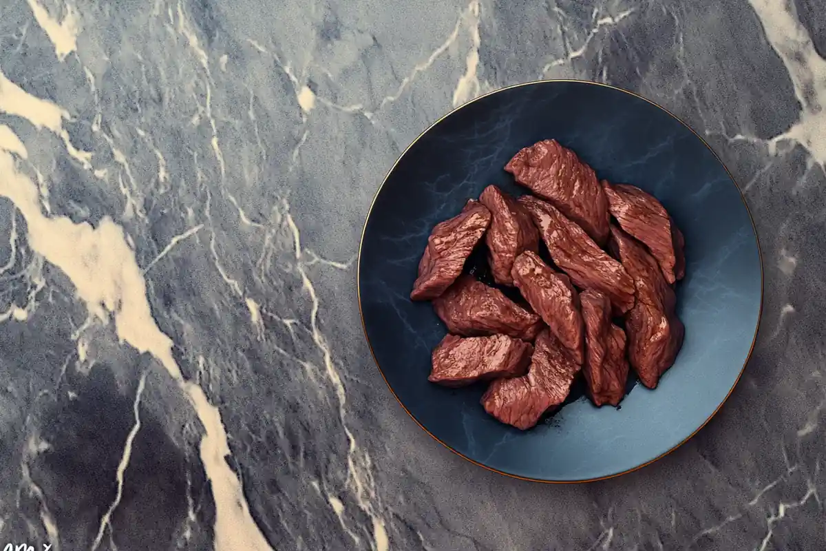 Top-down view of a beef and pasta dish on a marble background, showcasing the combination.