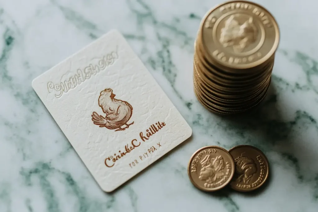 Chicken Salad Chick branded gift card with coins on a marble background.