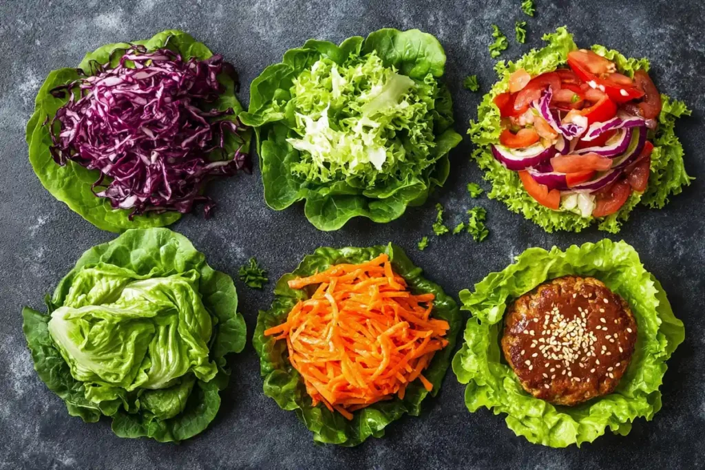 A top-down view of various types of lettuce suitable for burgers.