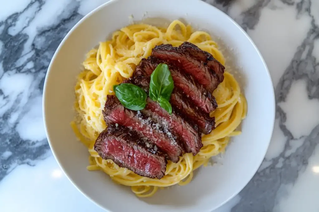 Sliced sirloin steak being added to a bowl of pasta, showing a great option.