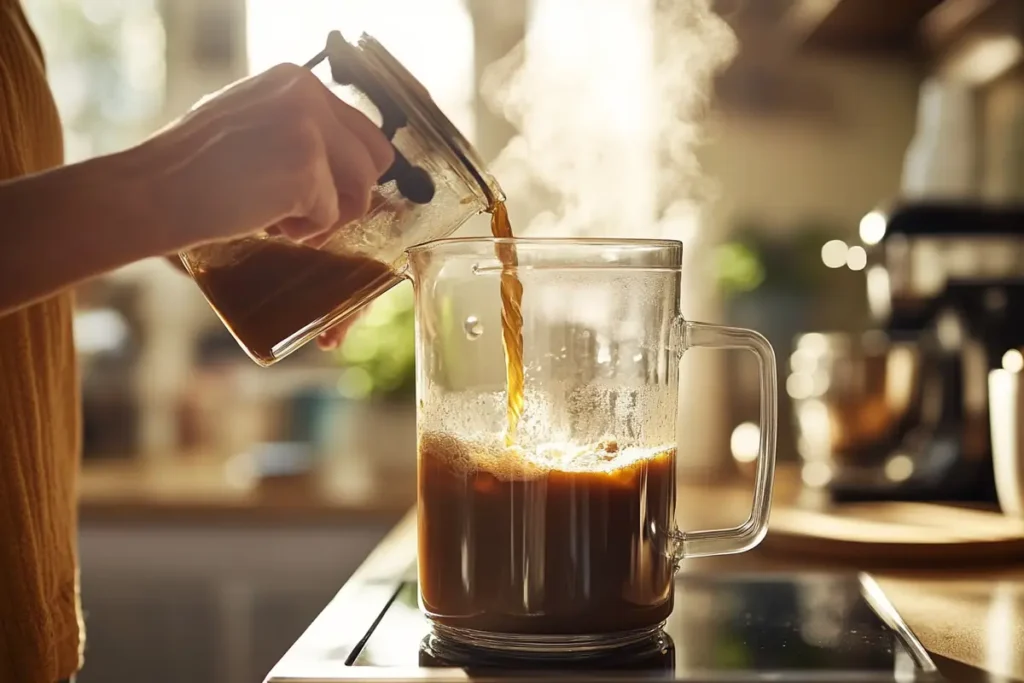 A person blending bone broth with coffee in a kitchen.