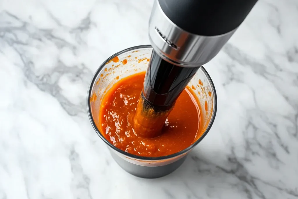 A close-up of soup being blended to lower its fat content, displayed on a marble surface.