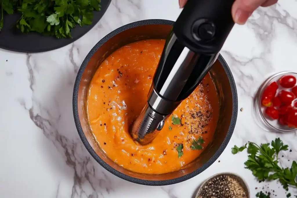 A close-up shot of an immersion blender blending soup to create a creamy texture, on a marble background, illustrating how to achieve a perfect creamy soup texture.