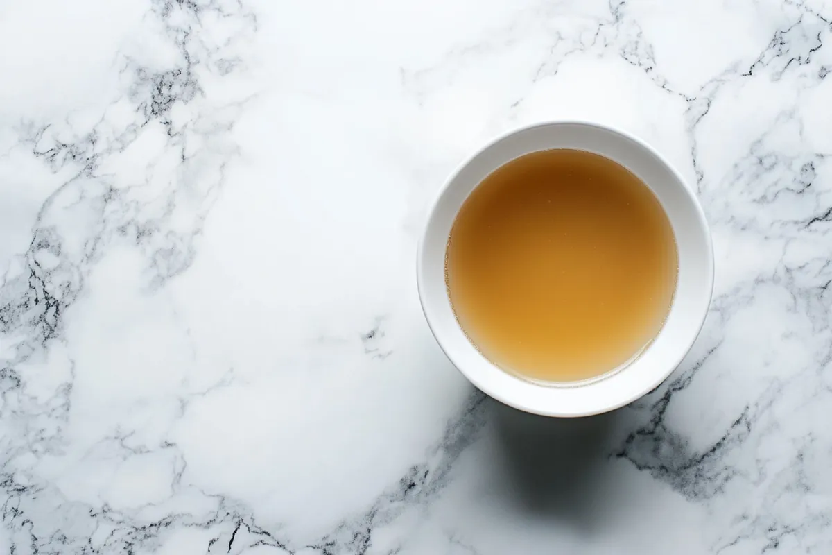 A bowl of bone broth on a marble surface.