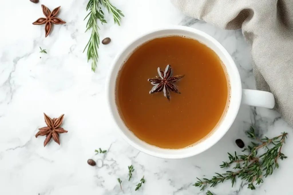 A cup of bone broth mixed with coffee on a marble background.