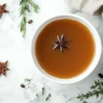 A cup of bone broth mixed with coffee on a marble background.