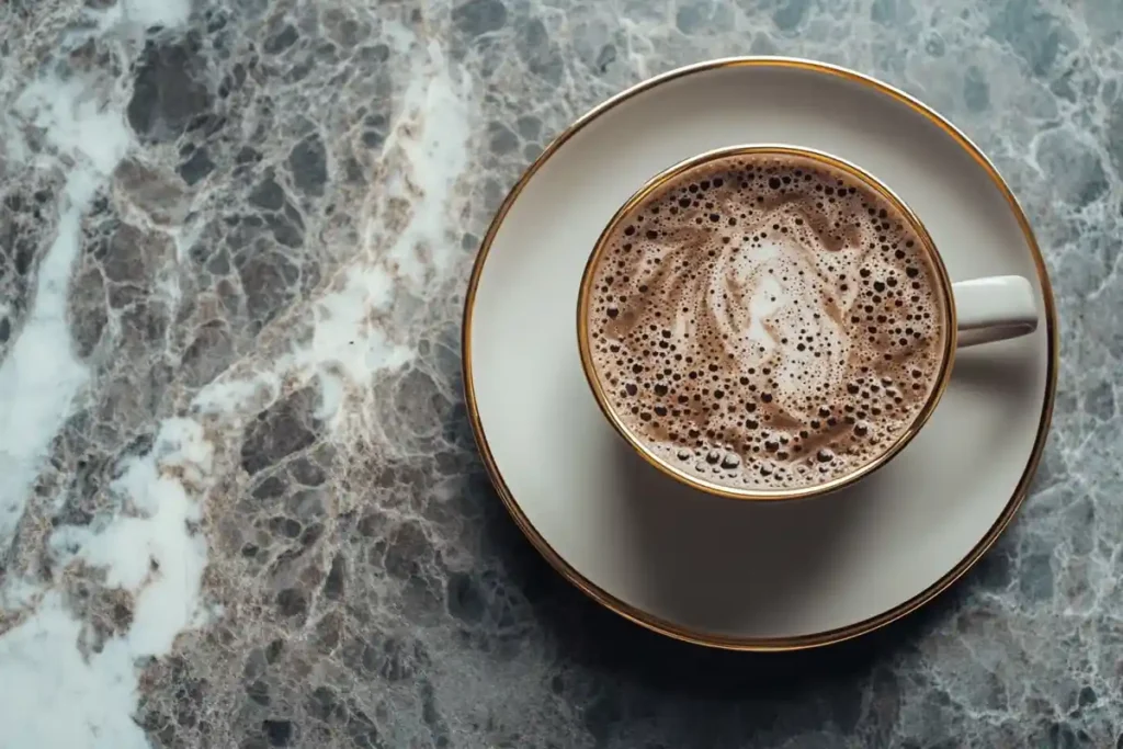 A top-down view of bone broth hot chocolate in a mug on a marble background.