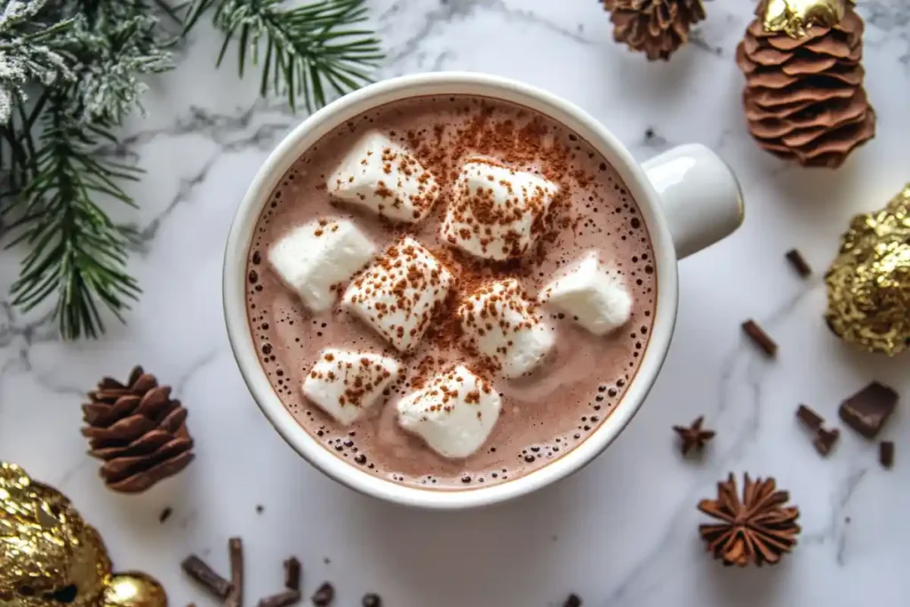 A delicious cup of bone broth hot chocolate on a marble background.