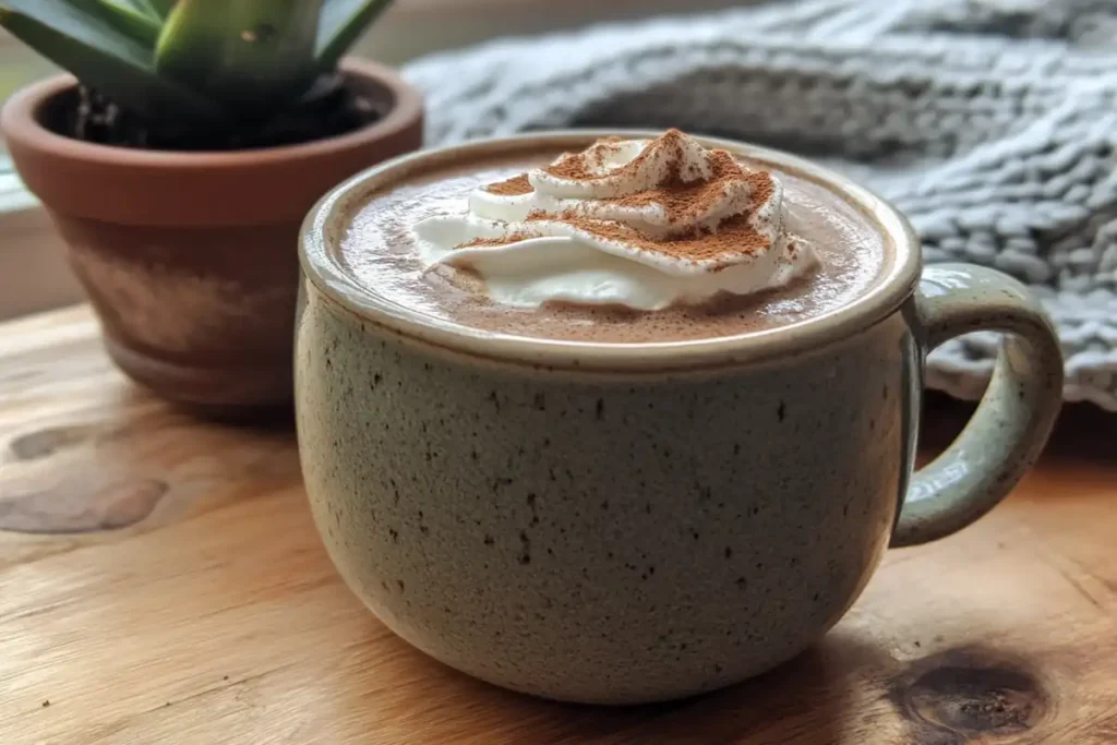 Close up of bone broth hot chocolate topped with whipped cream.