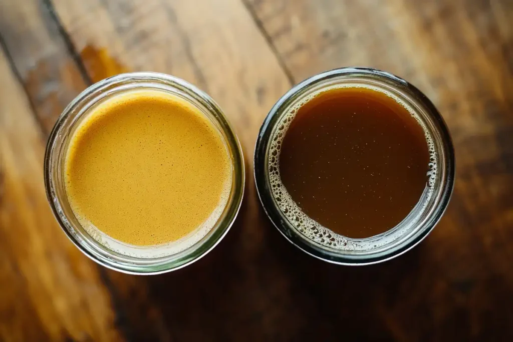 Close-up of bone broth and coffee side-by-side in glasses.