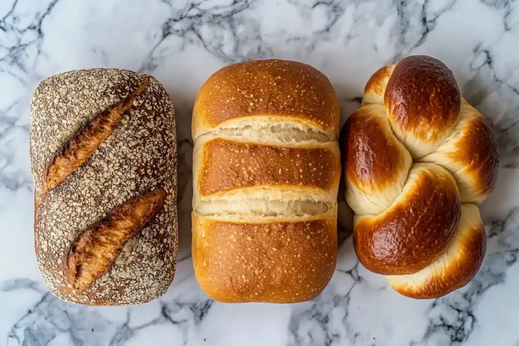 A close-up view of sourdough bread, brioche bread, and challah bread on a marble surface.