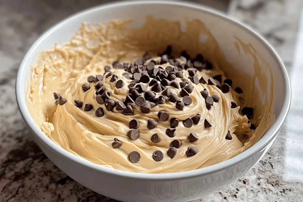 Image of brownie batter with chocolate chips being mixed in.