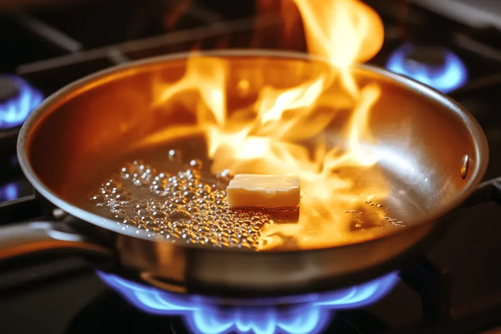 Butter browning in a pan with milk solids visible.