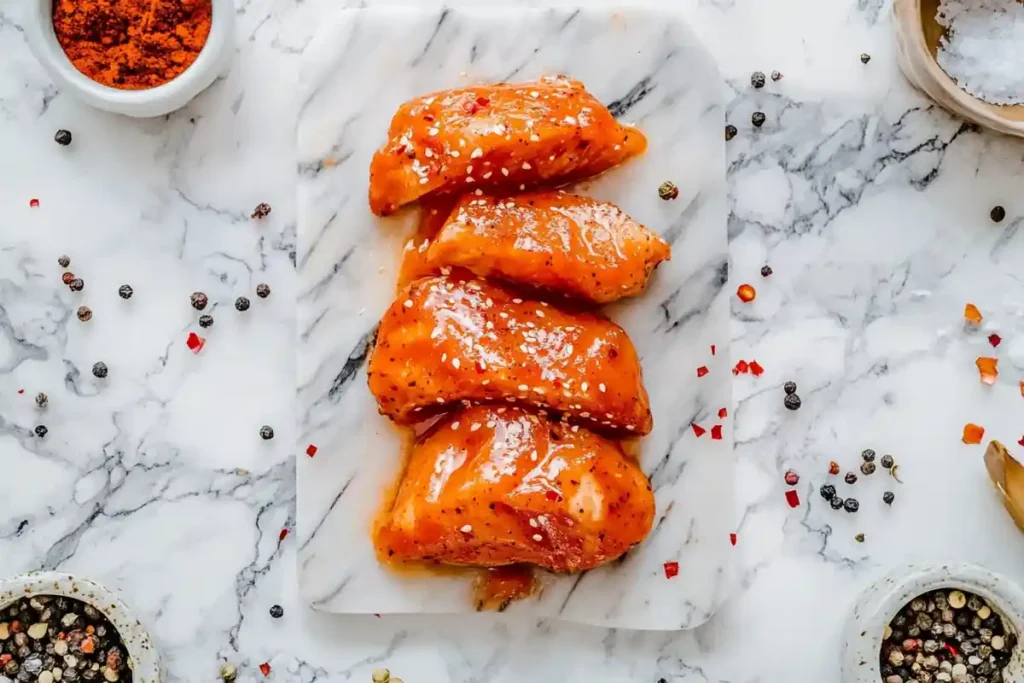 A vibrant display of ingredients for a homemade buffalo chicken marinade.