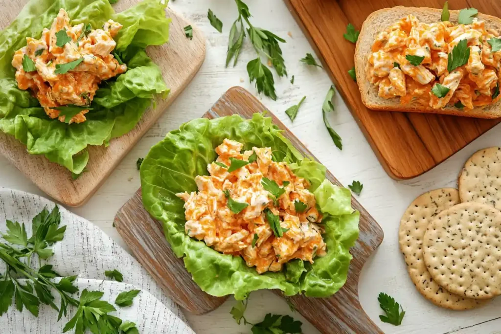 Creative serving ideas for buffalo chicken salad, including lettuce cups, a sandwich, and crackers.