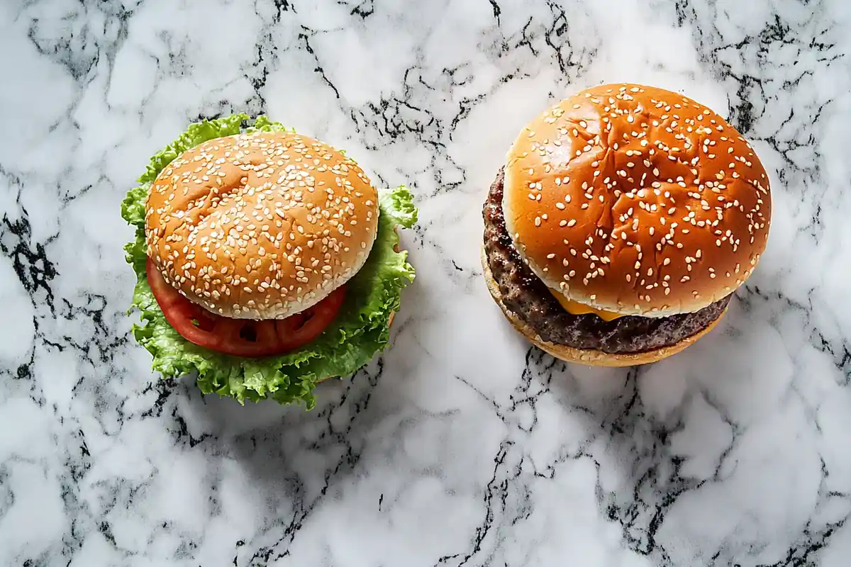 Top-down view of a Five Guys burger next to a smash burger on a marble surface.