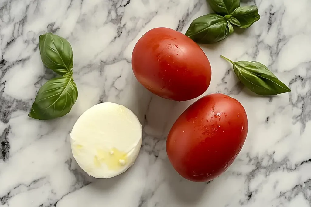 Fresh ingredients for a caprese sandwich (tomatoes, mozzarella, basil).