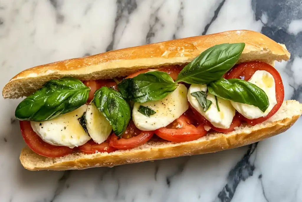 Fresh and healthy ingredients of a caprese sandwich on a marble surface.