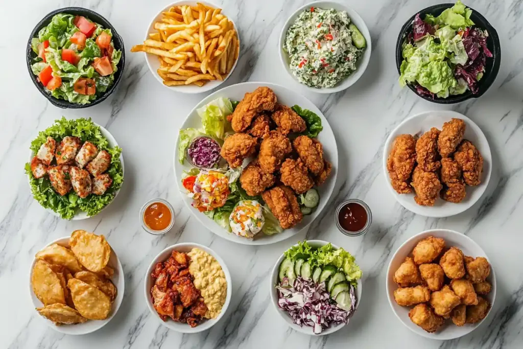 An artistic arrangement of Chicken Salad Chick menu items on a marble surface.