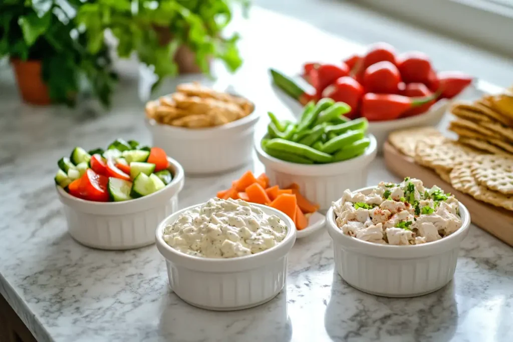 Chicken Salad Chick varieties next to crackers and vegetables, showing the diverse chicken salad options.