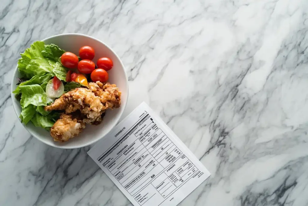 The Chicken Salad Chick logo next to a pay stub on a marble surface.