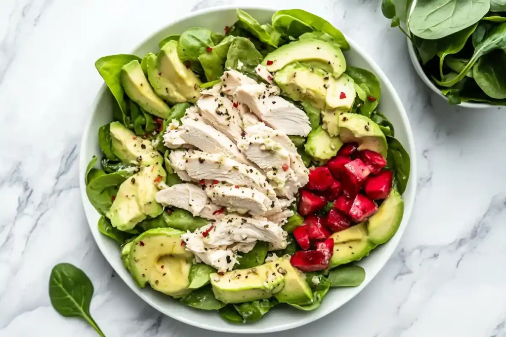 Top-down view of a delicious homemade chicken salad chick recipe on a marble background.