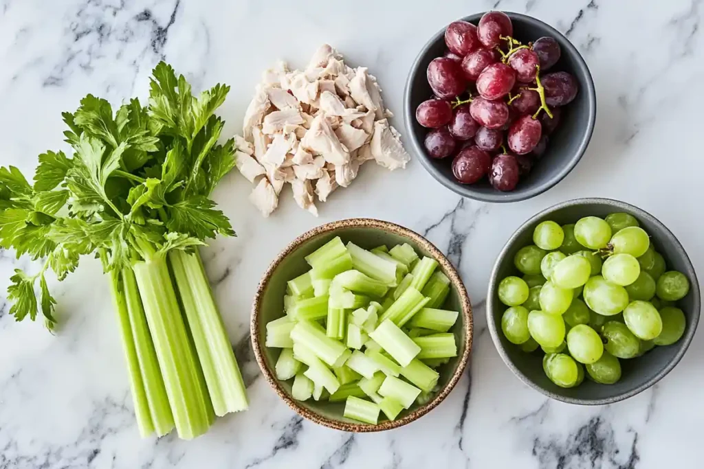 Freshly prepared chicken salad parts on a marble surface, ready to be mixed.