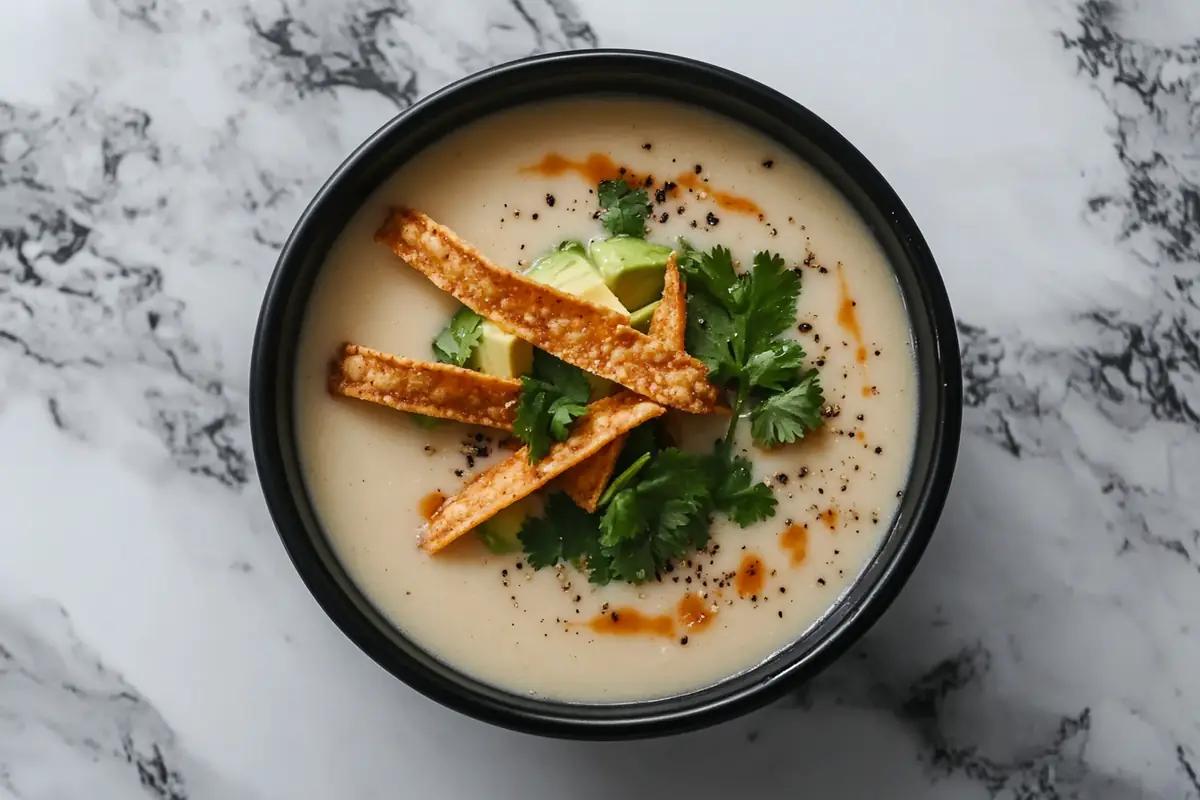 Top-down view of a bowl of chicken tortilla soup creamy with toppings, set on a marble background.