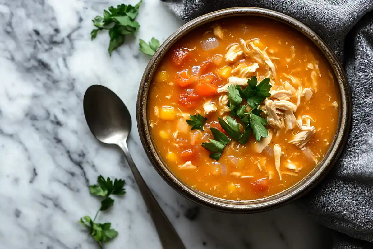 Top-down view of a bowl of Chick-fil-A style chicken tortilla soup, displayed on a marble background and showcasing the common components that contribute to the calorie count of the dish.