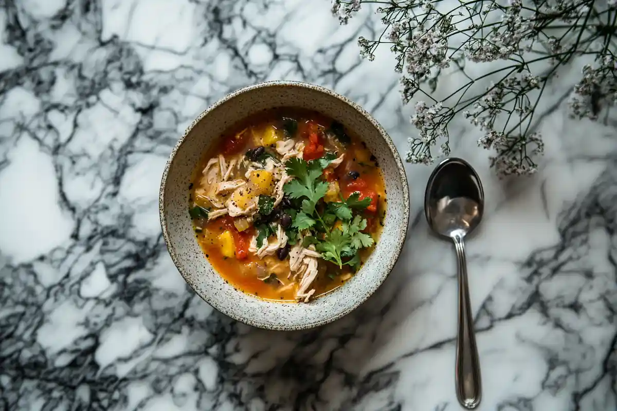 Top-down view of a bowl of chicken tortilla soup, displaying variations in fat content, on a marble surface.